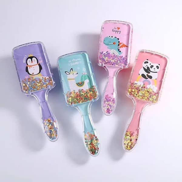 Girl 1pc Random Color Plastic Hair Brush with Glitter and Cartoon Design