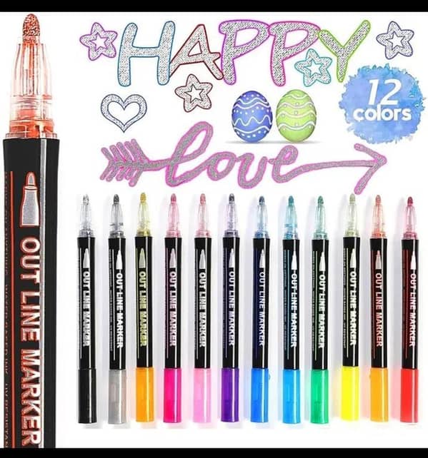 Outline Markers 12 Colors: Double-Line Metallic Shimmer Pens for Art, Drawing, Doodling, and DIY Crafts