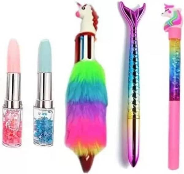 Unicorn Stationery Pen Combo Set for Girls – 5-Piece Pack (Lipstick Pens, Water Pen, Mermaid Pen, Fur Pen)