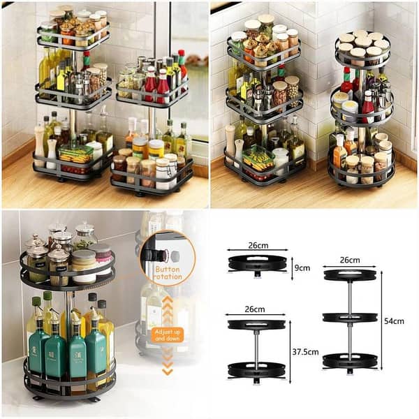 360 Degree Rotating Spice Rack for Kitchen Corner - Steel Cabinet Organizer for Jars, Cans and Bottles