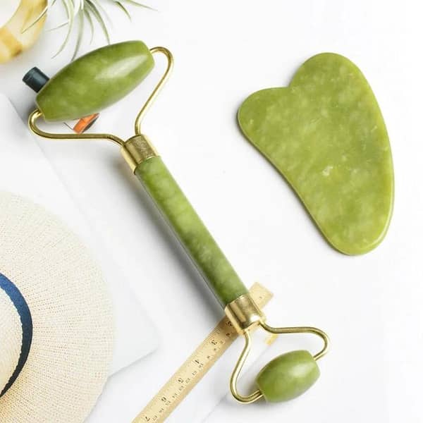 (Original Stone) Jade Roller and Gua Sha Set by Beyond Jade: Face Massager for Skin, Eyes, and Neck (Noiseless Design)