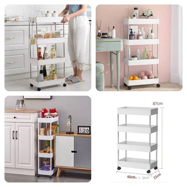 4-Layer ABS Plastic Rolling Storage Cart with Wheels - White, Narrow Space-Saving Kitchen Trolley Rack
