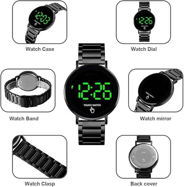 Touch Screen Digital LED Waterproof Stainless Steel Wrist Watch (Black) for Men and Women
