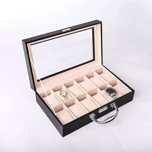 Watch Box for Men – 12-Slot Luxury Display Case in Black PU Leather with Glass Top