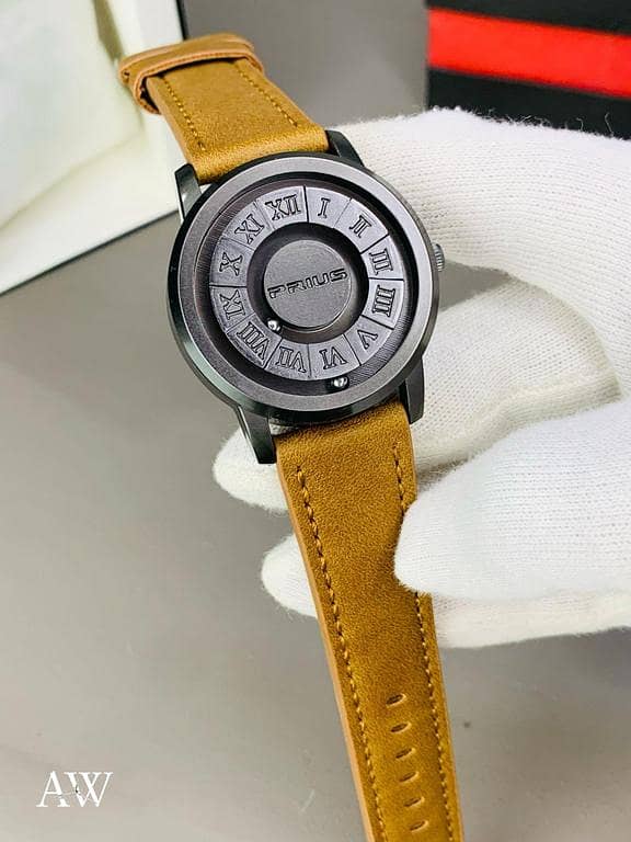 Trend Concept Magnetic Ball Watch with Floating Pointer, Roman Numeral Dial, Leather Strap, and Water Resistance