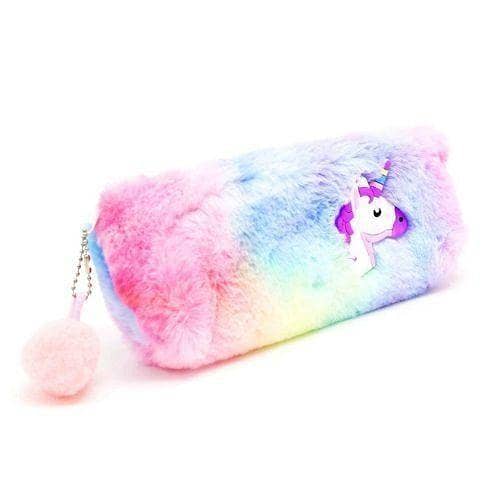 KIDS POUCHES gifts multifunctional full fur material unicorn printed pencil pouch with pom pom keychain for kids to school use and for gift purpose Multi color 3d pen/pencil pouch case