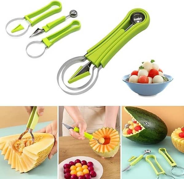 4 in 1 Fruit Tool Set Fruit Carving,Stainless Steel Fruit Ball Scoop, Melon Ball Scooper Fruit Slicer Dig Pulp Separator,Seed Remover Fruit Peeler Cutter for Fruit Plate Decoration Kitchen (Green)