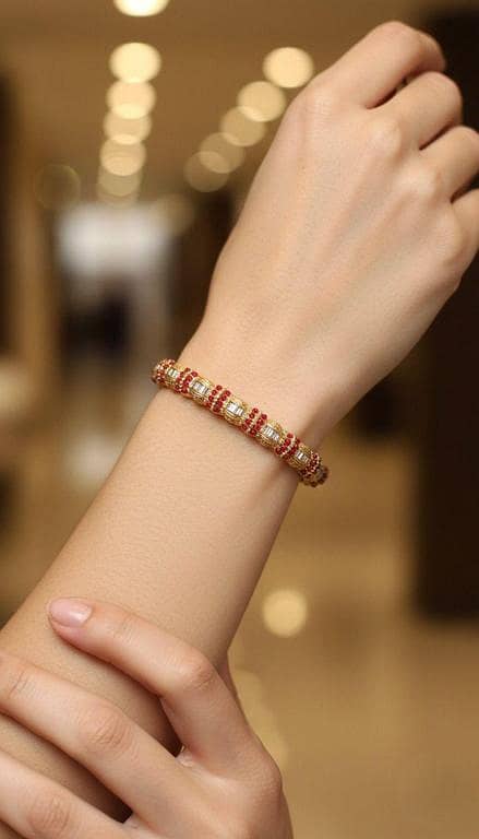 Traditional Red & White Baguette Gold Bracelet | Ornate Textured Statement Jewelry for Festive Wear