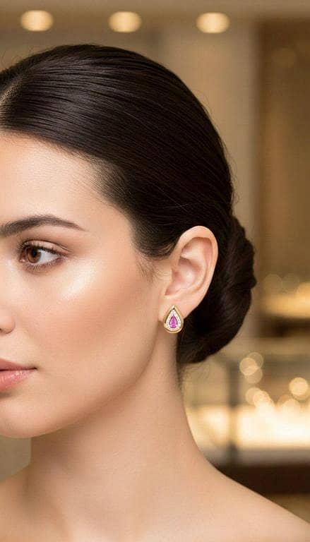 Vibrant Pink and White Crystal Teardrop Studs in Gold