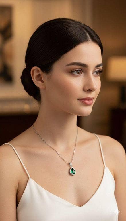 Elegant Emerald Green Teardrop Halo Pendant | Silver Pavé Crystal Necklace for Women