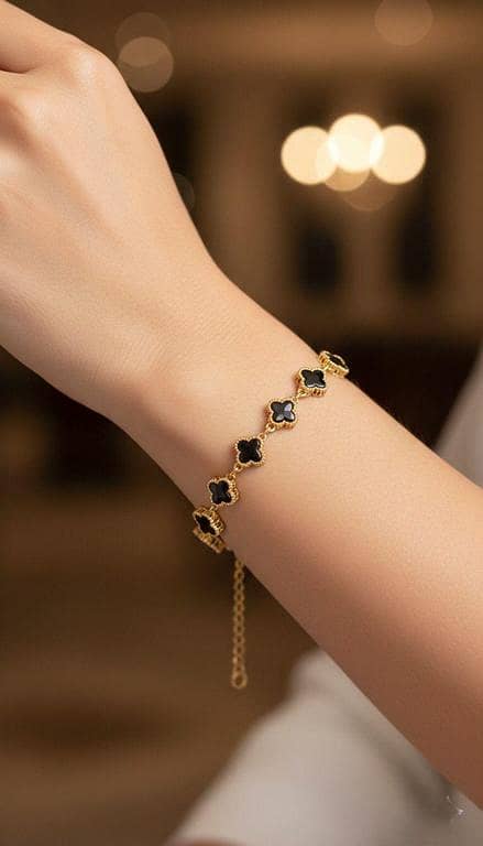 18K Gold Plated Onyx Clover Bracelet | Dainty Four-Leaf Alhambra Style charm for Lucky Floral Jewelry