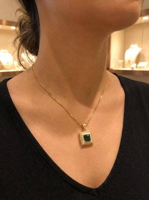 Deep Emerald Green Square Halo Pendant | 14K Gold Pavé Crystal Necklace