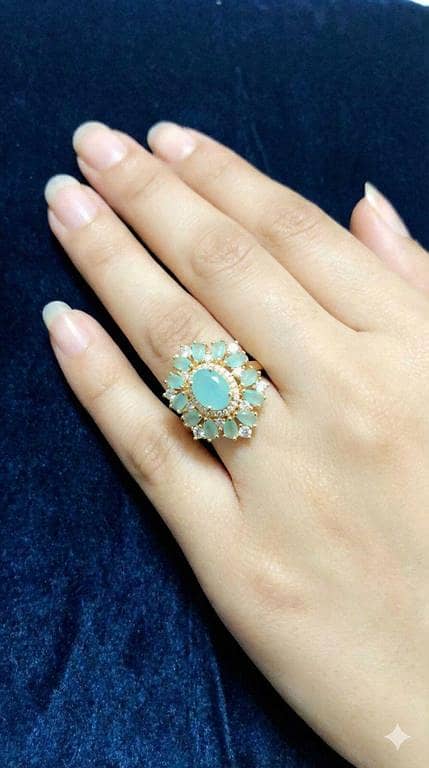 Oval Turquoise Floral Halo Ring | 14k Gold Diamond Cluster Statement Ring
