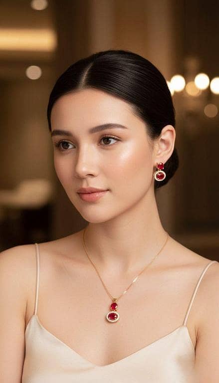 Royal Ruby Red Halo Pendant Set | Gold Tiered Gemstone Necklace & Matching Studs