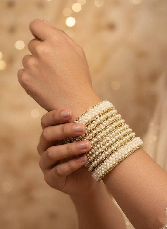 Pearl & Shimmering Crystal Bangle Set