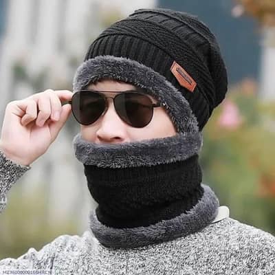 With neck Warmer plain Wool  Cap