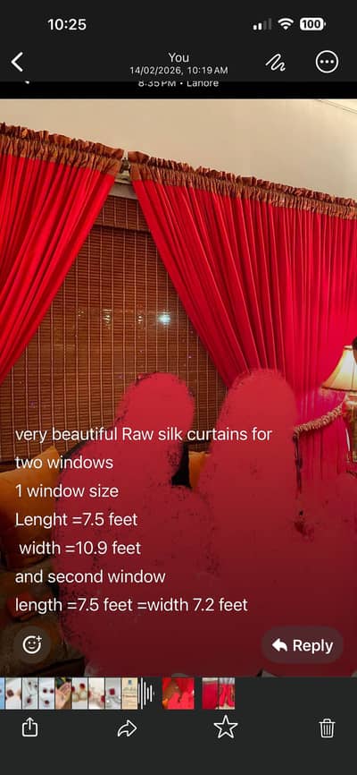 Red raw silk curtains 2 window sets for lounge or drawing room