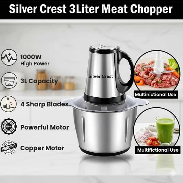 Silver Crest 3L Meat Chopper – Copper Motor 4 Sharp Blades Stainless Steel Food Processor, Vegetable Cutter, Qeema & Meat Grinder