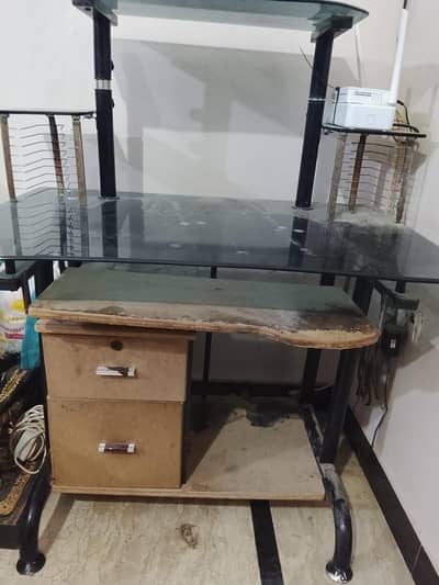Glass computer table, PC setup table,  wooden table.