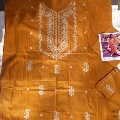 2 piece lawn  embroidered suit in mastard colour