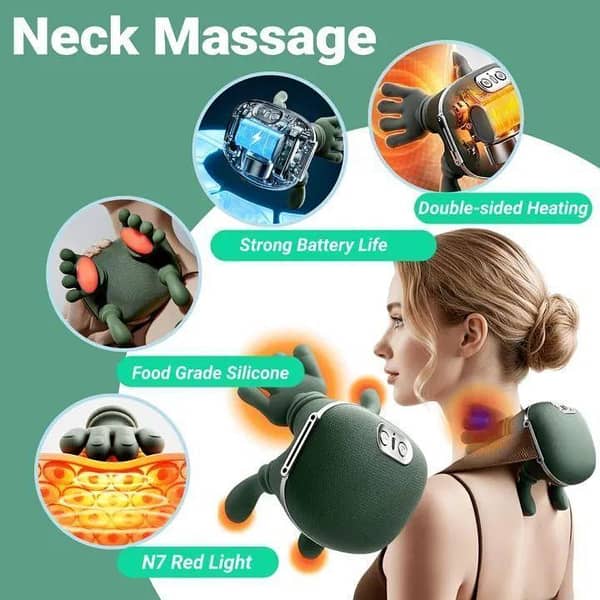 Blueidea Hand Shoulder and Neck Massager, Portable Bionic Neck Massager with Heat Kneading, Electric Shiatsu Neck and Back Massager, 3-Speed Adjustment, for Pain Relief Deep Tissue (Green) Masager