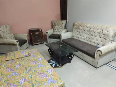 sofa set 7 seater with 2 puffy 1 table