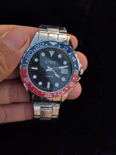 Premium Stainless Steel Wrist Watch – Blue/Red Bezel with Black Dial"