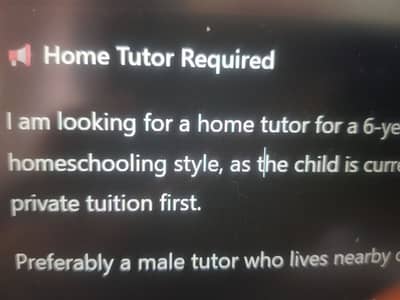 Home tutor required at mosamyat