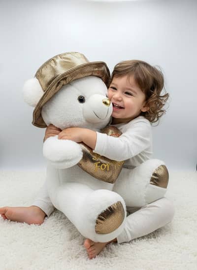 Luxury White Teddy Bear with Golden Hat & Heart Cushion – Premium Gift