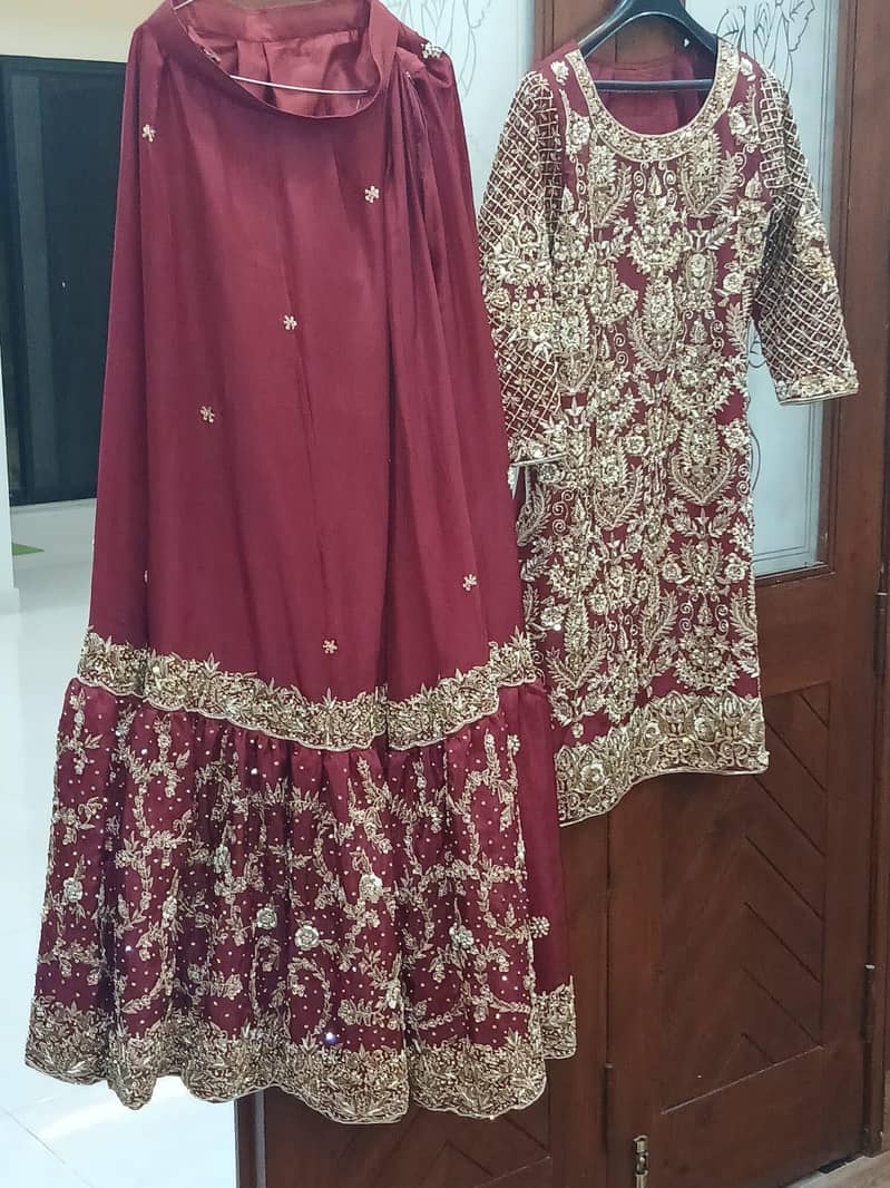 Luxury Maroon Maxi dress with heavy Embroidery & duppata   Bridal wear 1