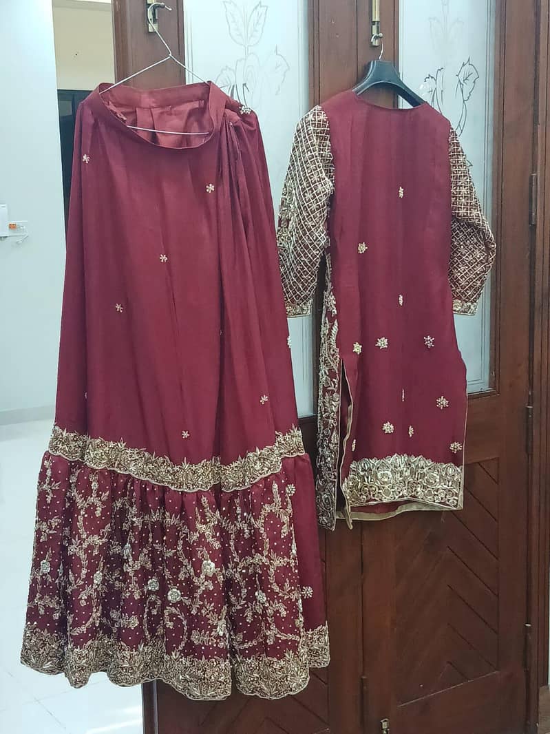 Luxury Maroon Maxi dress with heavy Embroidery & duppata   Bridal wear 2