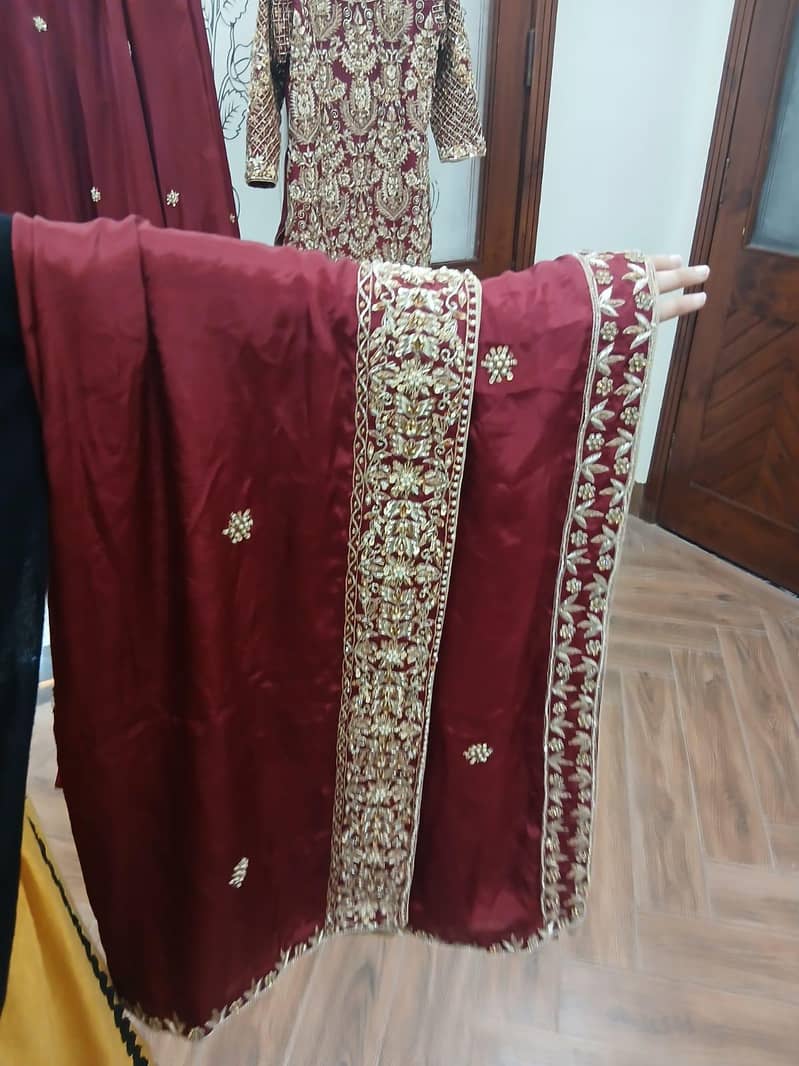 Luxury Maroon Maxi dress with heavy Embroidery & duppata   Bridal wear 5