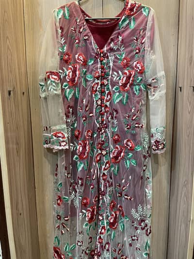 Long gown with heavy embroidered net fabric with shamoz silk inner