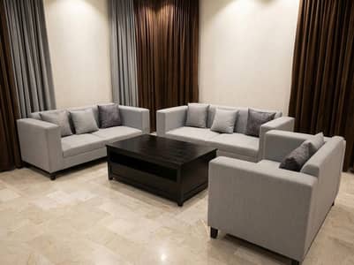 3+2+2 Premium Modern Grey Sofas (5 cushions) with Wooden Center Table.