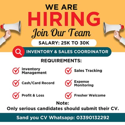 Inventory & Sales Coordinator Job – Fresher Welcome