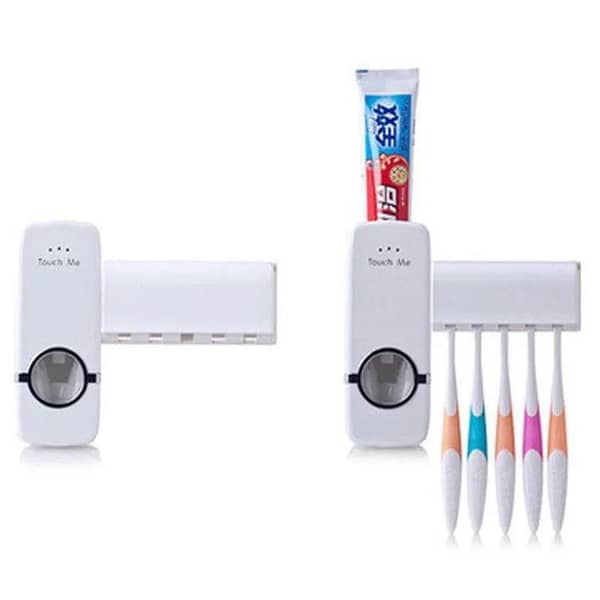 Toothpaste Dispenser with 5 Brush Holders | Wall-Mounted Automatic Hands-Free