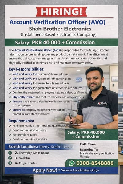 Account Verification Officer (AVO) – PKR 40,000 + Commission