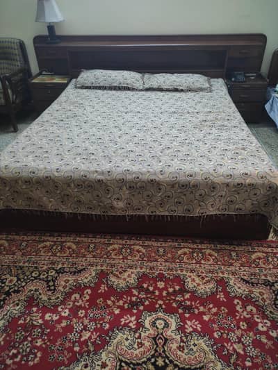 Double bed with attached side tables and Back flip drawer