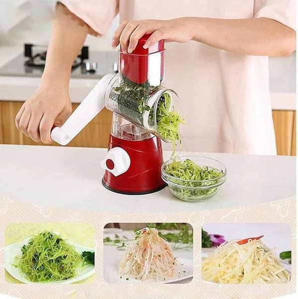 3 in 1 Vegetable Chopper & Rotary Cheese Grater – Manual Drum Slicer Cutter for Potato, Carrot, Cucumber – Round Mandoline Spiralizer Kitchen Tool