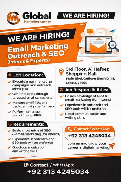 Email Marketing & SEO Executive (Interns & Experts) – Gulberg Lahore