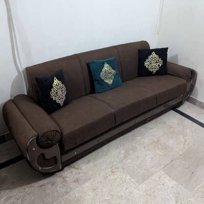 8 seater Sofa Set with Sofa-Cum-Bed | Brown | 3+3+2