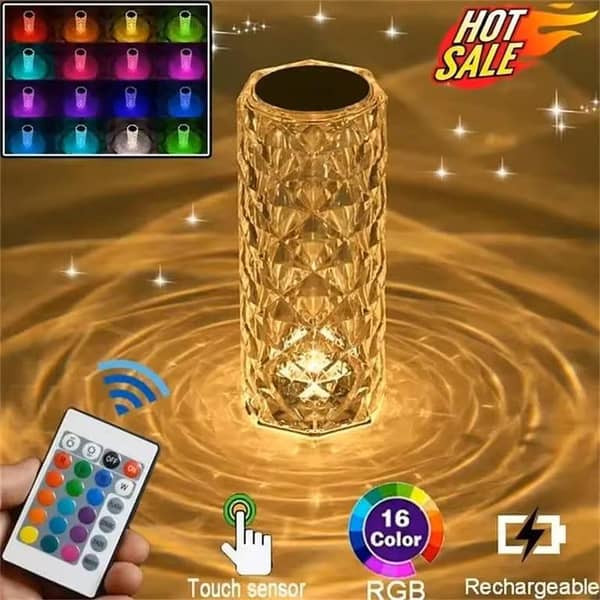 Crystal Lamp - Rose Diamond Table Lamp with 16 RGB Colors, Touch + Remote, USB Rechargeable Decorative Acrylic Rays Light