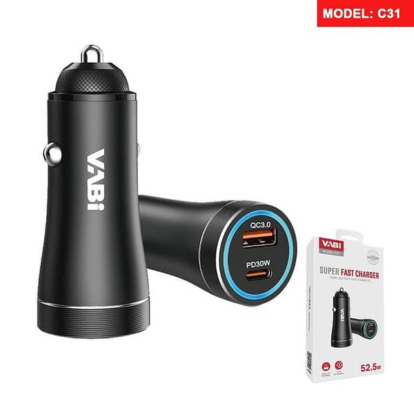 VABI C31 52.5W Dual-Port Car Charger with USB-A and Type-C (PD & QC)