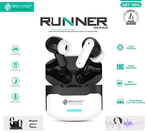 SOVO SBT-960 Runner Series Wireless Earbuds with Bluetooth 5.3/5.4, Long Battery Life, and Gaming Mode