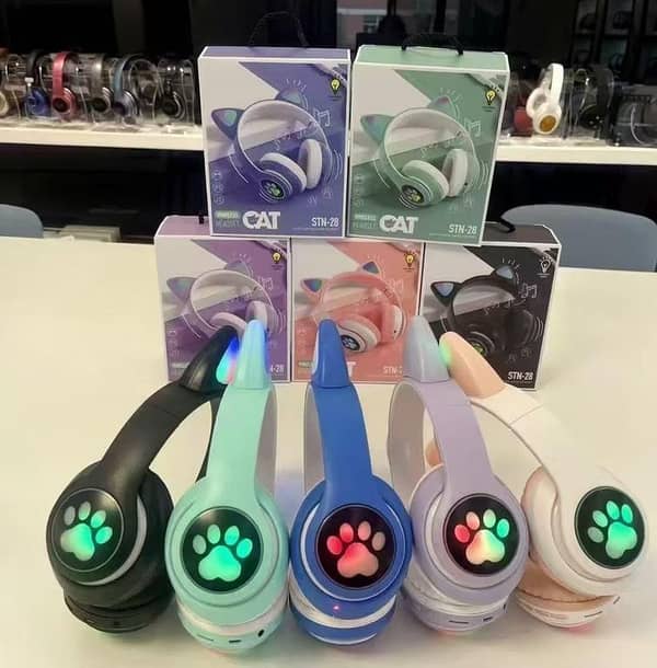 Cat Ear Wwireless Headphone STN 28, Bluetooth 5.0 Stereo Headset, Audio Device Microphone, Support TF Card, Dual Connection with RGB Flashing Light