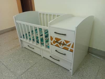 baby wooden bed, cot, crib, cradle  with changing table and mattress