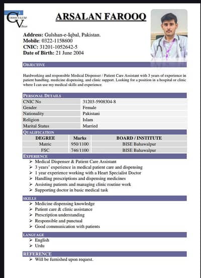 medical Dispenser/ patient Care assistant 3 year experience / karachi