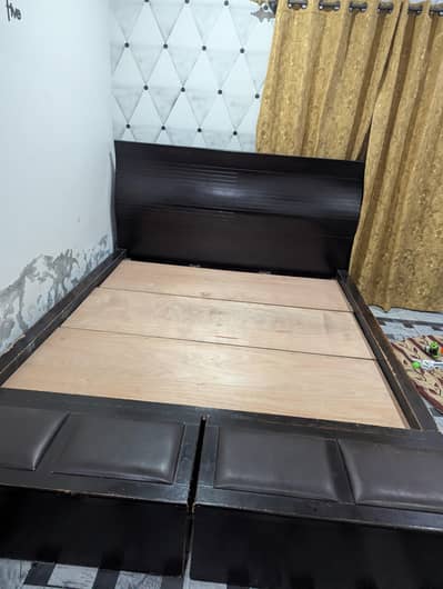 king size Bed with side tables and 2 storage Boxes  . with 9 mattress