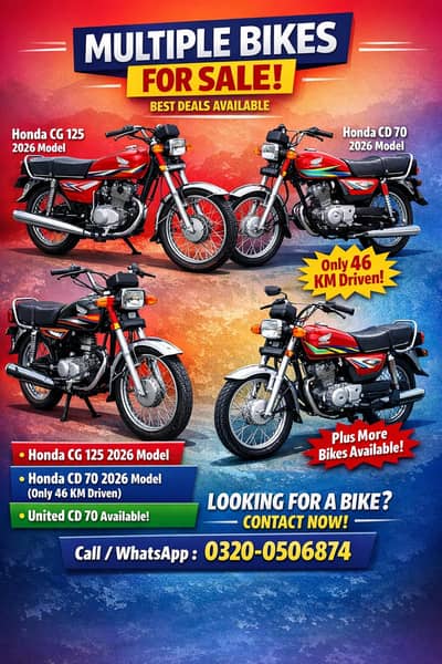 Honda CG 125 (2026), Honda CD 70 (2026), United 70 Cc all available