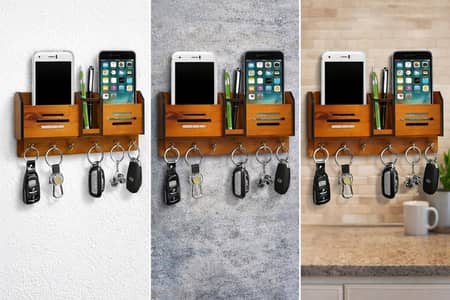 Double Pocket Wooden Keys And Mobile Holder